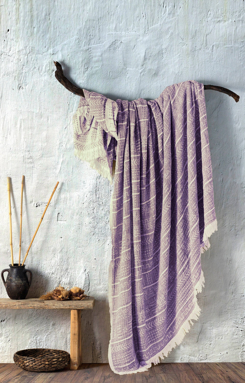 100% Organic Cotton Turkish Throw Blanket; 90" x 77" Bedspread Muslin Light Blankets for Bed or Couch | Indoor or Outdoor Cozy Hand Woven: Purple